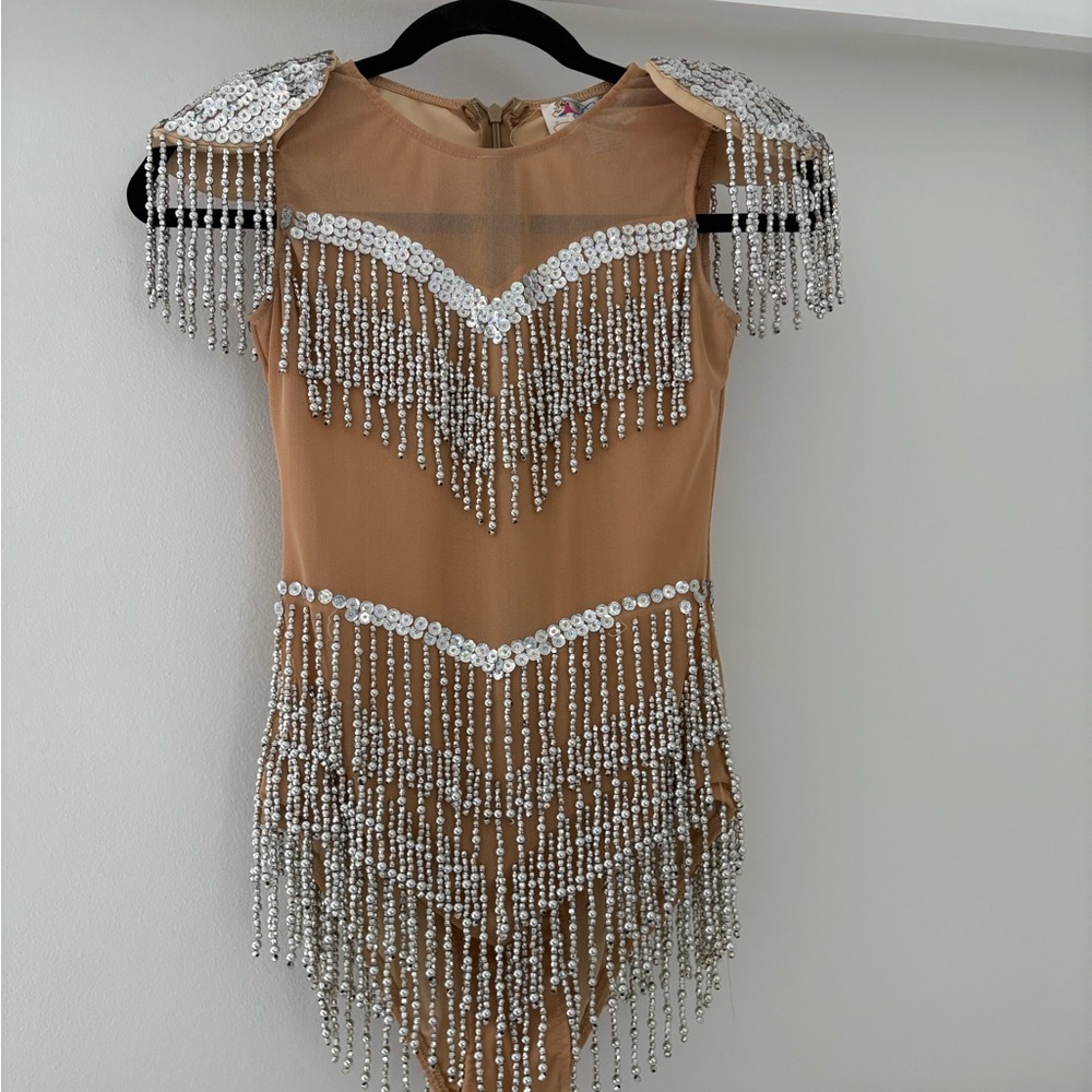 Glamour Costumes | Adult Small Sequin Fringe Leotard in Tan and Silver